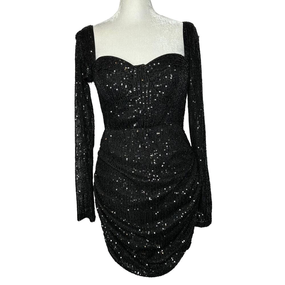 Hello Molly Black Sequin Posted Long Sleeve Ruched Party Cocktail Dress 6 Medium - Picture 2 of 13